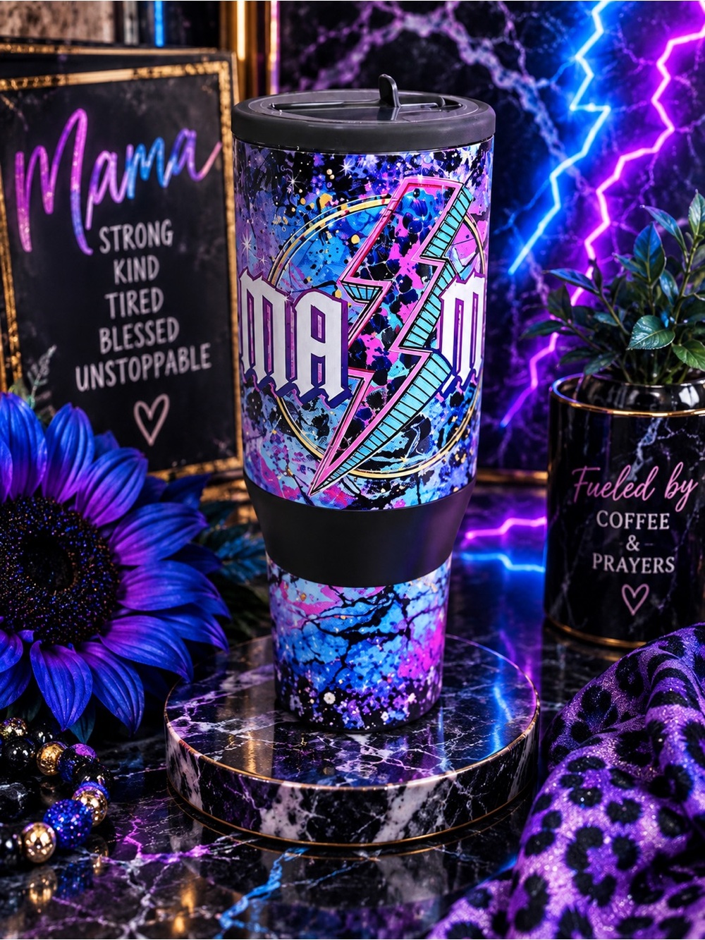 Mama Lightning Stainless Travel Tumbler - Vibrant Purple Blue Galaxy
